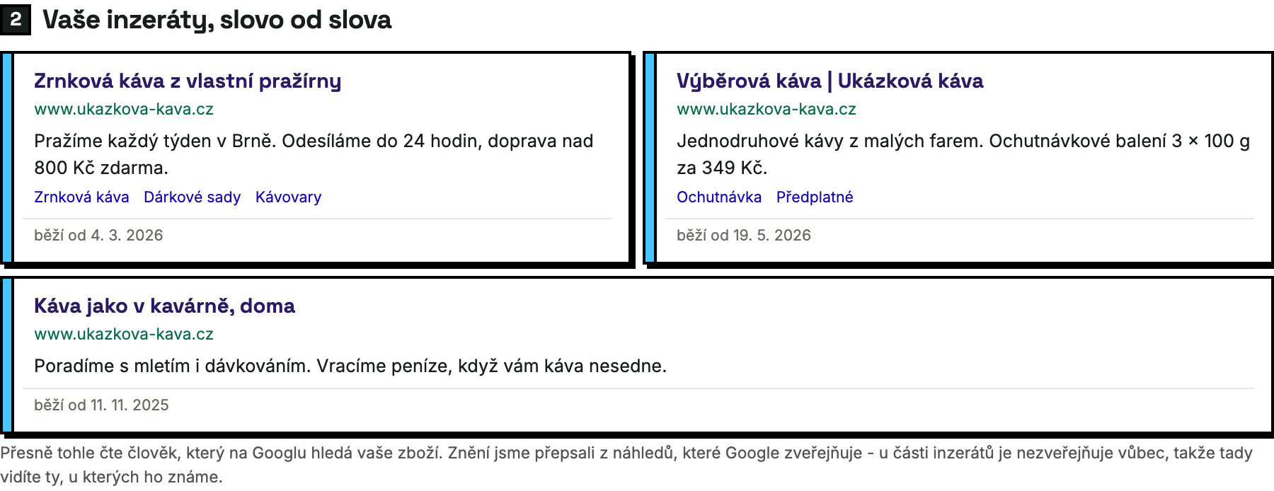 Ukázka reportu - doslovné znění vašich inzerátů tak, jak je na Googlu vidí zákazník