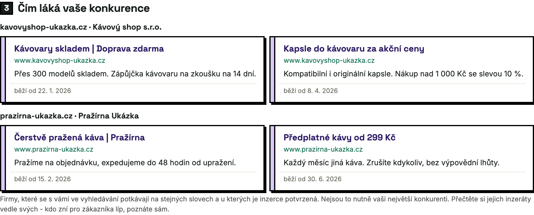 Ukázka reportu - inzeráty firem, se kterými se ve vyhledávání potkáváte